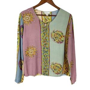 Soft Surroundings Color Block Sun Geometric Print Sequin Top Blouse Size Small